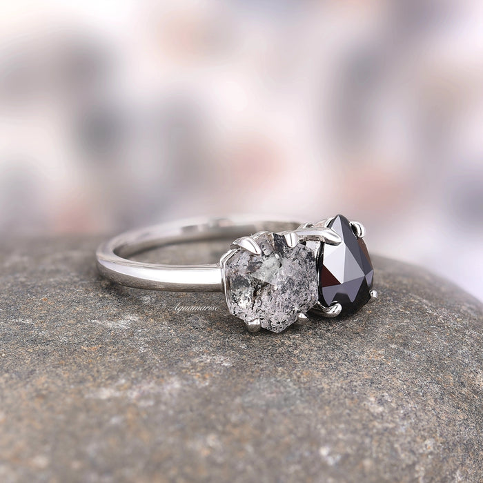 Toi Et Moi Herkimer Diamond & Black Onyx Ring- 14K White Gold by Aquamarise Gold, showcasing dual raw salt and pepper Herkimer diamond and polished black onyx stones on a sleek white gold band.