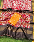 Kota Staple Silk Saree Crimson Red Color Madhubani Print with Contrast Blouse - IndieHaat