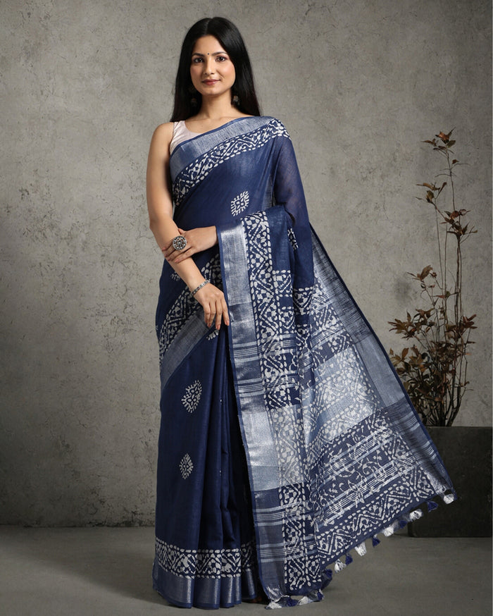 Buy Tranquil Slub Linen Batik Print Saree Online