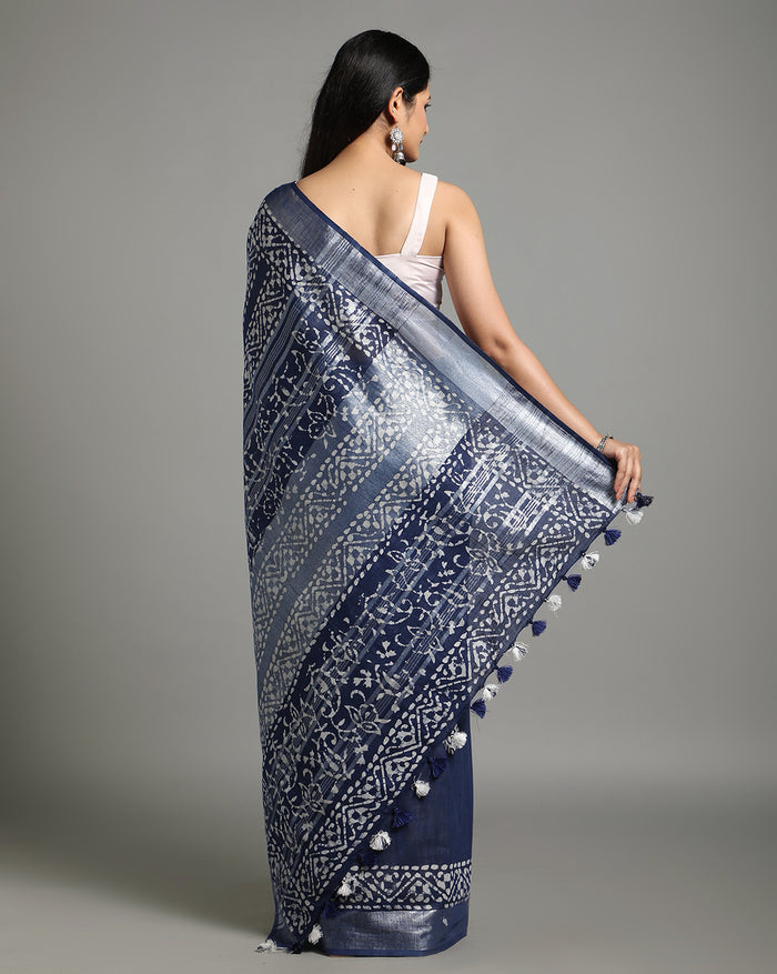 Buy Tranquil Slub Linen Batik Print Saree Online