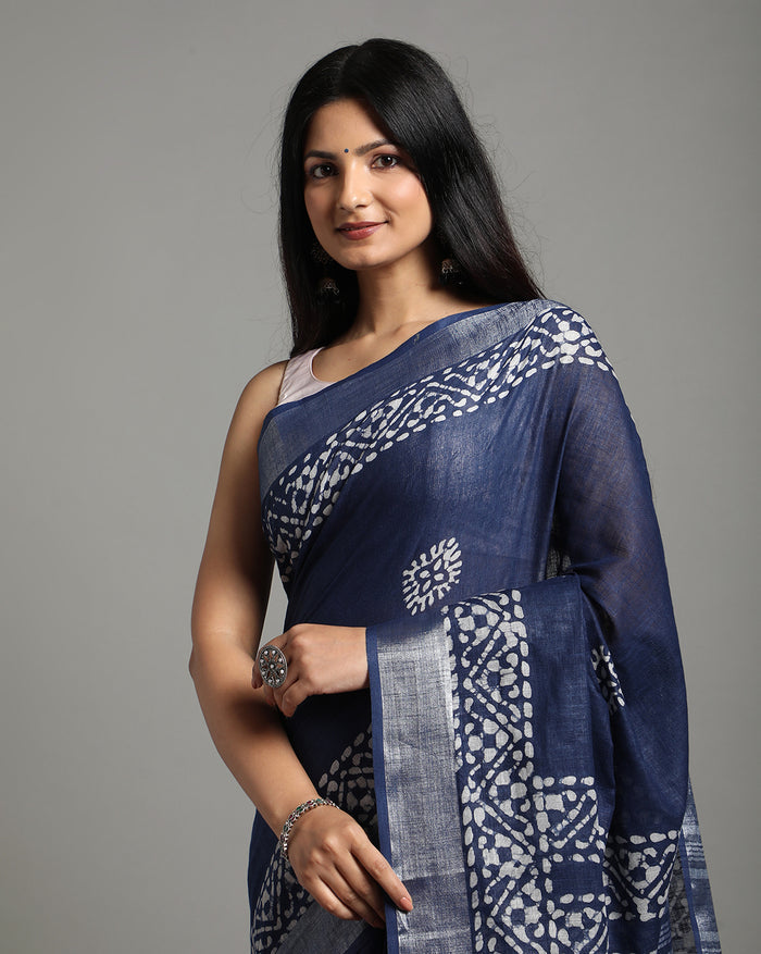 Buy Tranquil Slub Linen Batik Print Saree Online