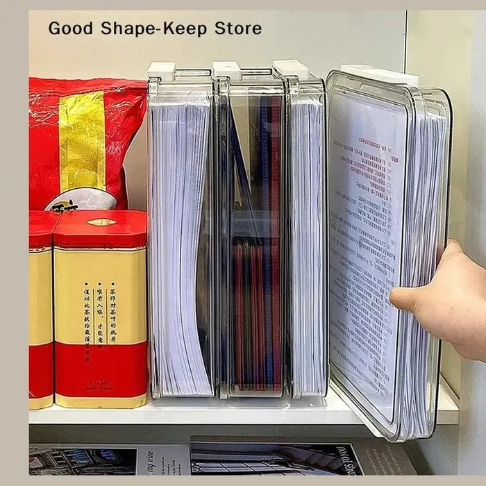 Transparent document storage box organizing files neatly.