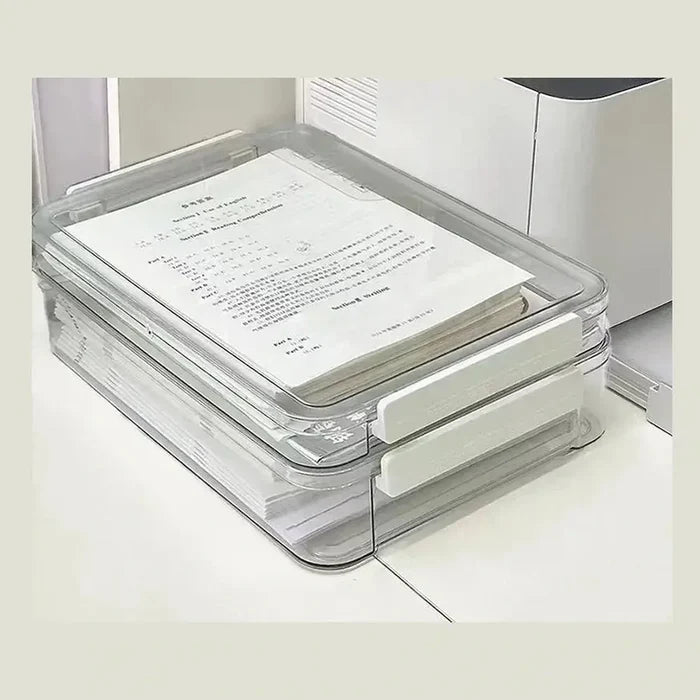 Transparent document storage box holding organized papers neatly.