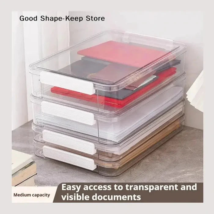 Transparent document storage box stacked for easy access to visible documents.