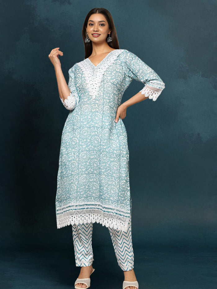 IndieHaat Kota Doria Blue Suit Handblock Print 3/4th Sleeve