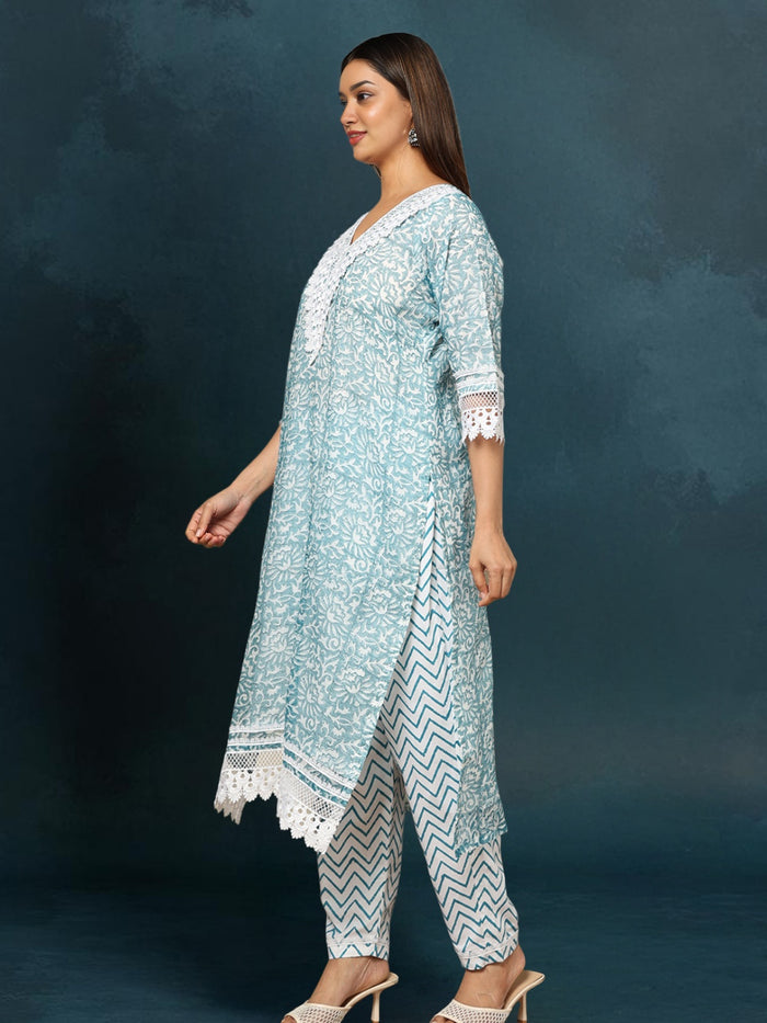 IndieHaat Kota Doria Blue Suit Handblock Print 3/4th Sleeve
