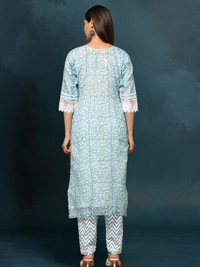 IndieHaat Kota Doria Blue Suit Handblock Print 3/4th Sleeve