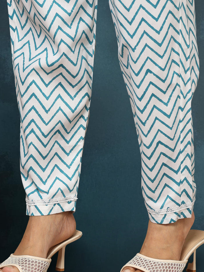 IndieHaat Kota Doria Blue Suit Handblock Print 3/4th Sleeve