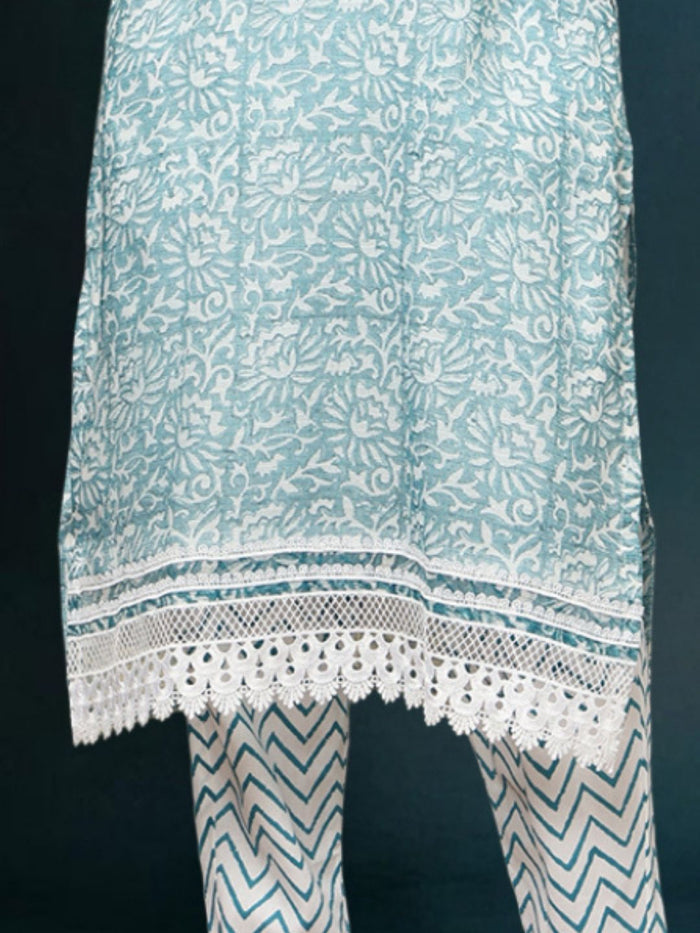 IndieHaat Kota Doria Blue Suit Handblock Print 3/4th Sleeve