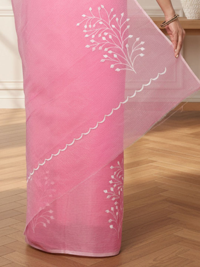 Trendy Kota Doria Cotton Bel Embroidery Pink Saree Handdyed