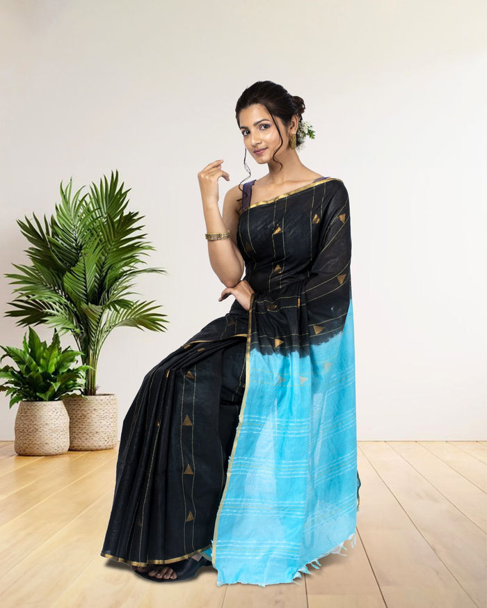 Trikon Katha Pure Kota Silk Saree Chinese Black