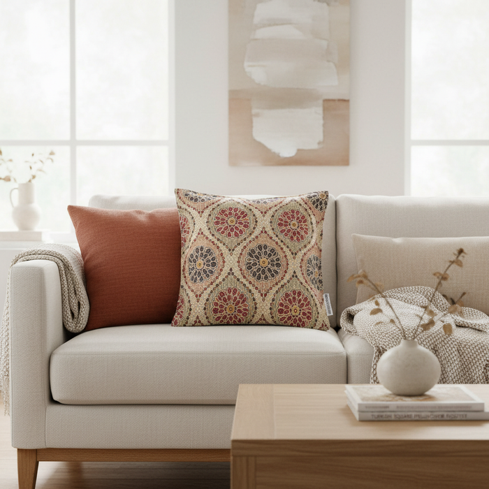 AI-generated Turkish Square Pillow Cover Rosette scene based on the real product image