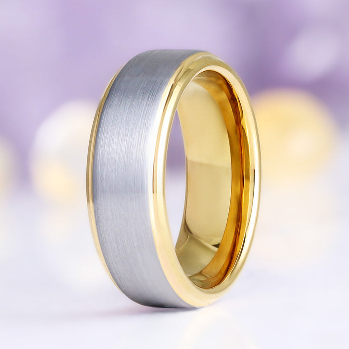 Two-Tone Silver & Gold Men's Wedding Band in Tungsten (8mm) by Aquamarise, upright view showing the brushed silver exterior and polished gold interior.