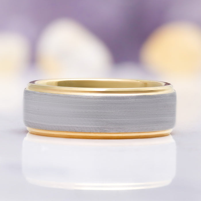 Two-Tone Silver & Gold Men's Wedding Band in Tungsten (8mm) by Aquamarise, side profile showing the brushed finish and gold edge detail.