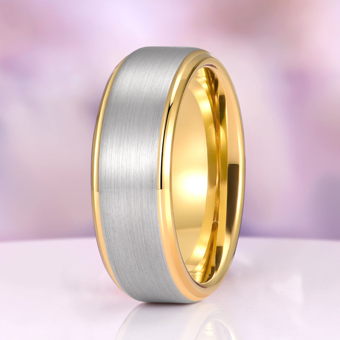 Minimalist Tungsten Wedding Ring- Two-Tone Silver & Gold Band (8mm) by Aquamarise, featuring a brushed silver tungsten center with polished gold edges, combining modern design with durability, ideal for men's wedding bands and elegant gifts.