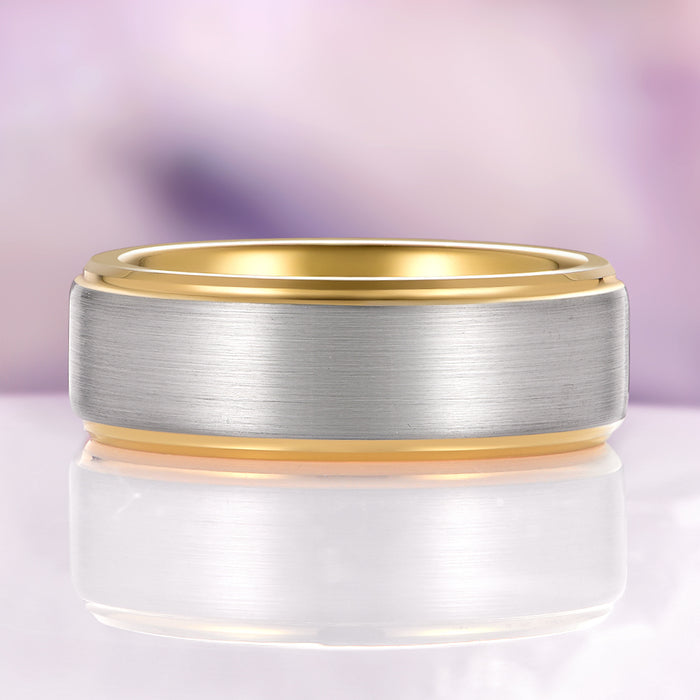 Minimalist Tungsten Wedding Ring- Two-Tone Silver & Gold Band (8mm) by Aquamarise, featuring an 8mm brushed silver tungsten center with polished yellow gold edges, part of Men’s Wedding Bands, Gold Rings, and New Arrivals collections.