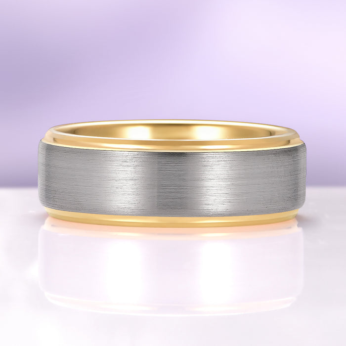 Minimalist Tungsten Wedding Ring- Two-Tone Silver & Gold Band (8mm) featuring a brushed silver tungsten center with polished yellow gold edges, blending modern elegance and durability, crafted by Aquamarise for Men's Wedding Bands and Gold Rings collections.