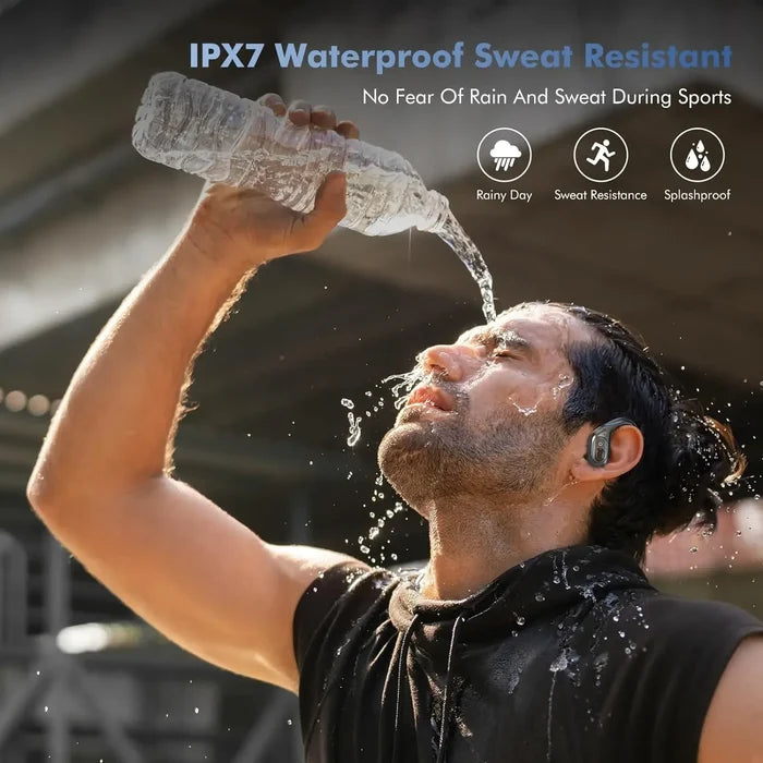 Man enjoying sports with IPX7 waterproof sweat resistant true wireless sports earbuds while drinking water.