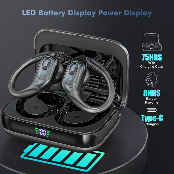 TWS Sports Earbuds with Charging Case featuring LED battery display and long playtime for true wireless sports earbuds.