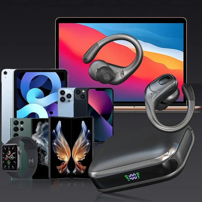TWS Sports Earbuds with Charging Case next to smartphones and tablets showcasing true wireless sports earbuds.