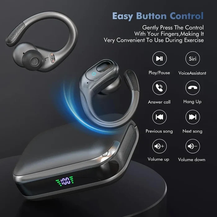 True wireless sports earbuds with charging case, featuring easy button control for seamless audio experience.
