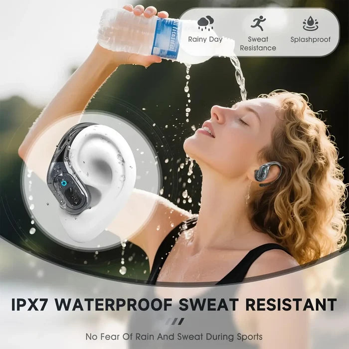 Woman enjoying the rain wearing true wireless sports earbuds, featuring IPX7 waterproof and sweat resistance.