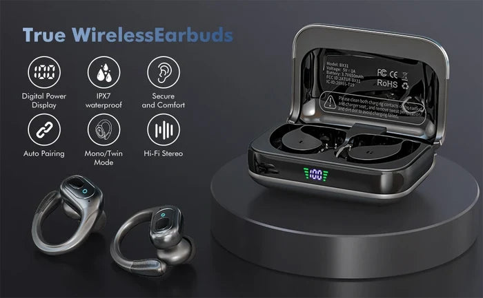 True wireless sports earbuds in charging case with digital display and waterproof features.