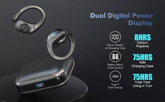 True wireless sports earbuds with charging case showcasing battery display and playtime features.