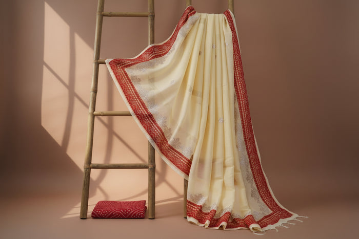 Indiehaat | Kota Cotton Kachi Gotta Cream Saree