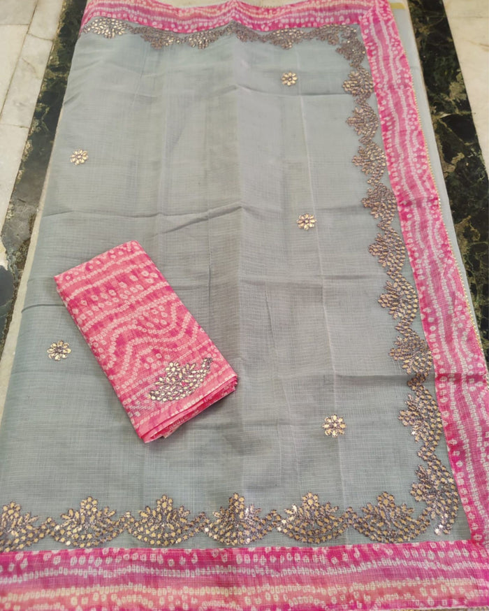 Indiehaat | Kota Cotton Kachi Gotta Gray Saree