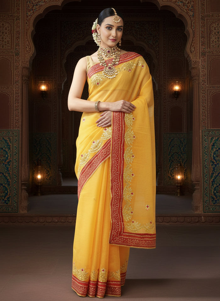 Tye & Drape Kota Cotton Kachi Gotta Yellow Saree