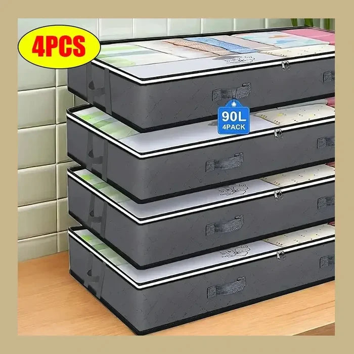 Under-bed storage bags for bedding, 4 pack, featuring dustproof design for quilts and comforters.