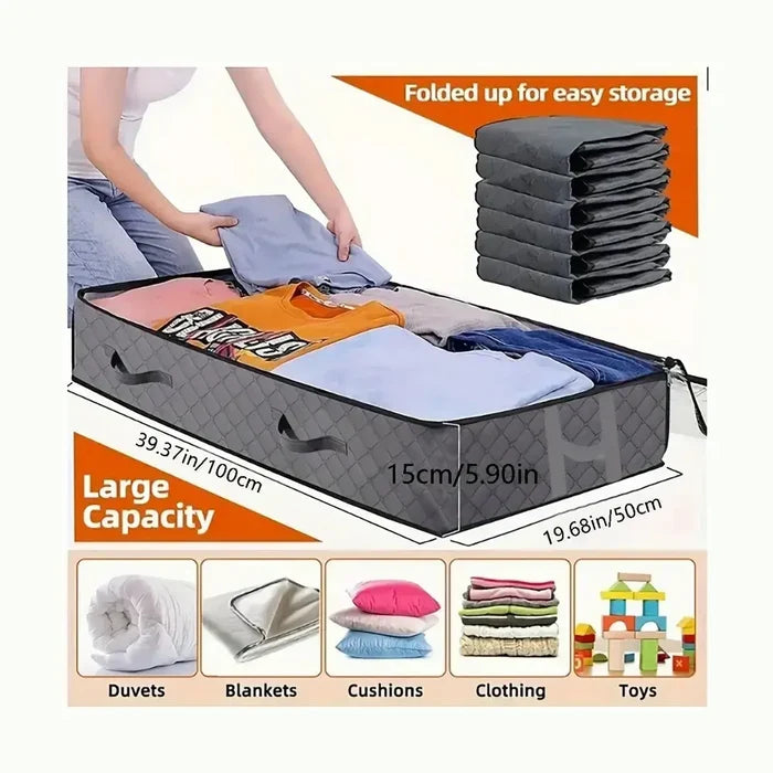 Under-bed storage bags for bedding, featuring large capacity for quilts, clothing, and easy storage solution.