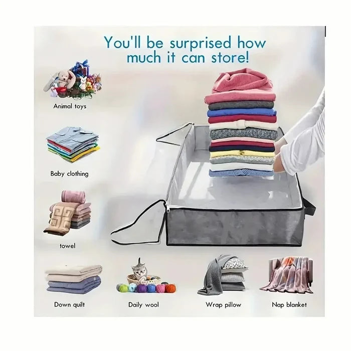 Under-bed storage bags for bedding displayed with various items like clothes, blankets, and toys for effective organization.