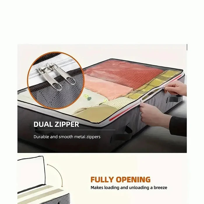 Under-bed storage bags for bedding with dual zipper design for easy access and loading.
