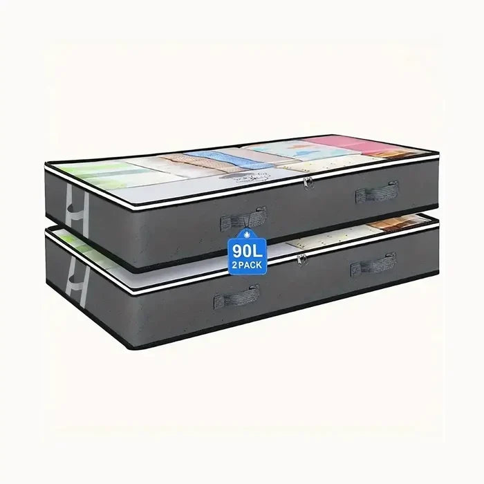 Under-bed storage bags for bedding in a 2 pack, 90L capacity, ideal for organizing quilts and seasonal clothing.