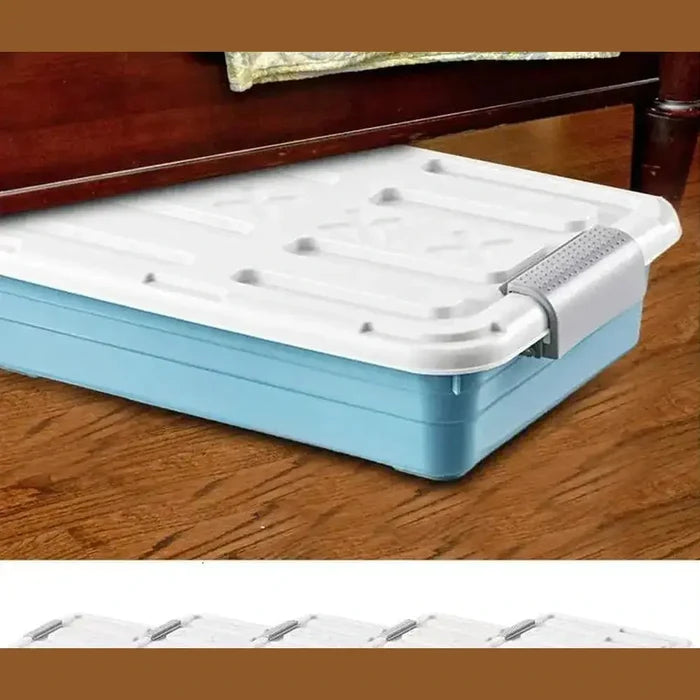 Under-bed storage containers with casters in blue, showcasing waterproof polypropylene design for organized storage.