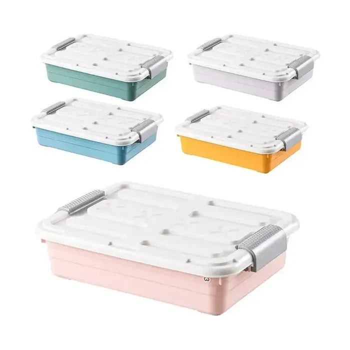 Under-bed storage containers with casters in five colors, showcasing waterproof polypropylene bins.