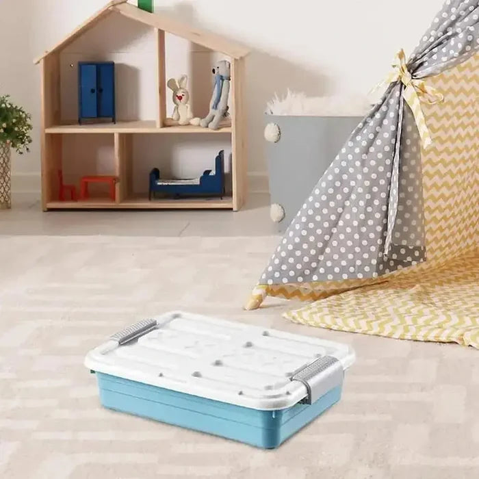 Under-bed storage containers with casters in a child's playroom with tent and shelving.