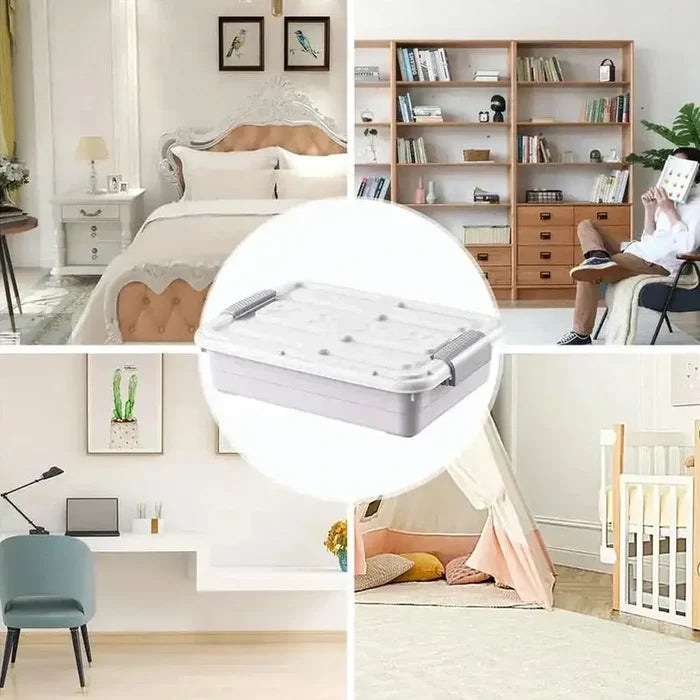 Under-bed storage containers with casters in a stylish home setting, featuring organization for various items.