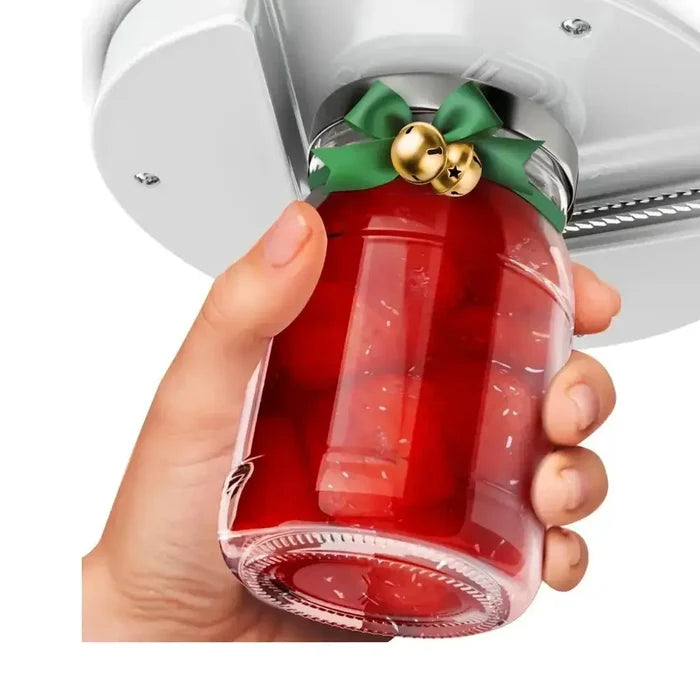 Under cabinet jar opener in use, showing a hand holding a jar being loosened for easy opening.