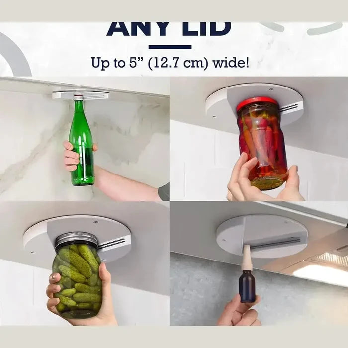 Under cabinet jar opener demonstrating easy one-handed use for various lids and jars of pickles and bottles.