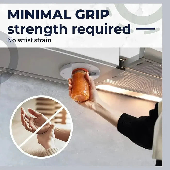 Under cabinet jar opener showing minimal grip strength required to open jars easily without wrist strain.