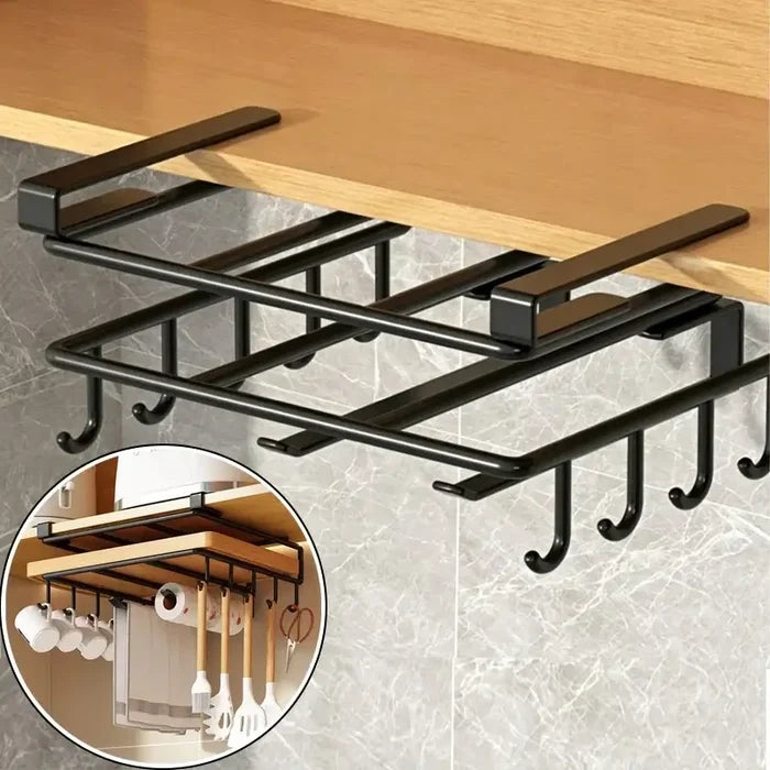 Under-Cabinet Kitchen Organizer Rack mounted with mugs hanging from hooks
