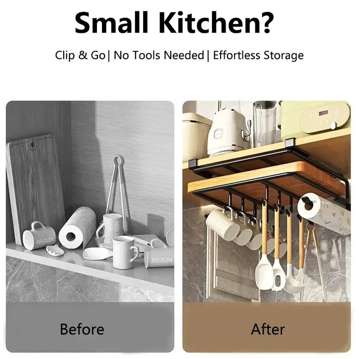 Small kitchen with the Under-Cabinet Kitchen Organizer Rack installed for extra storage