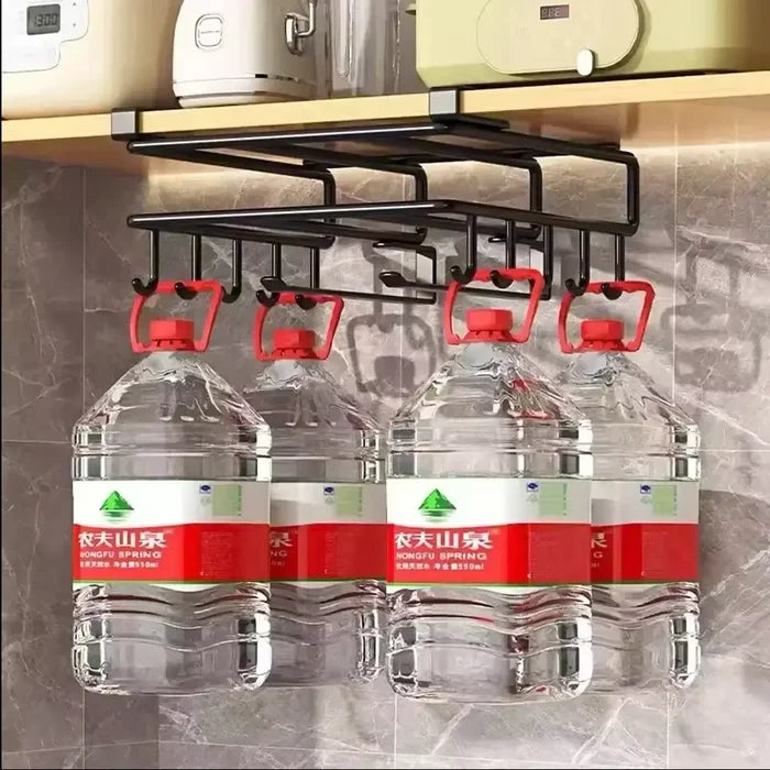 Under-Cabinet Kitchen Organizer Rack shown with wine glasses hanging securely