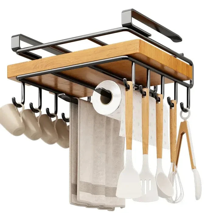 Under-Cabinet Kitchen Organizer Rack with stemware and mugs hanging in a wine glass rack
