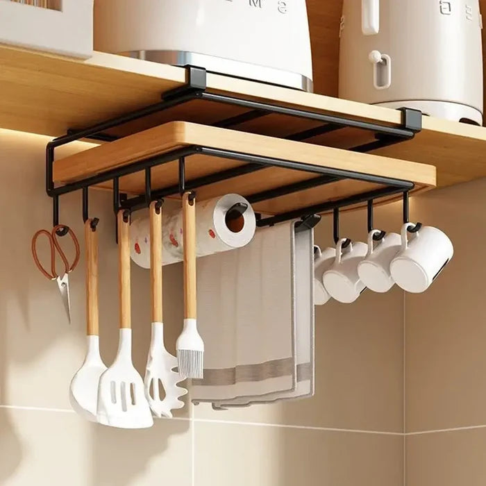 Underside view of the Under-Cabinet Kitchen Organizer Rack showing hook spacing