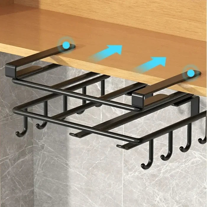 Under-Cabinet Kitchen Organizer Rack mounted below cabinet with cups hanging neatly