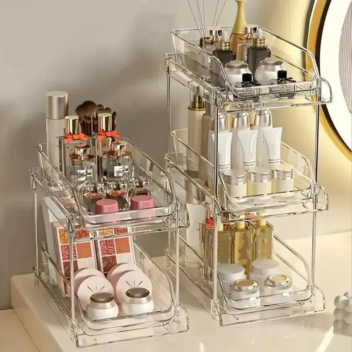Clear Pull-Out Bathroom Organizer displaying organized beauty products, ideal for under-sink bathroom organizer.